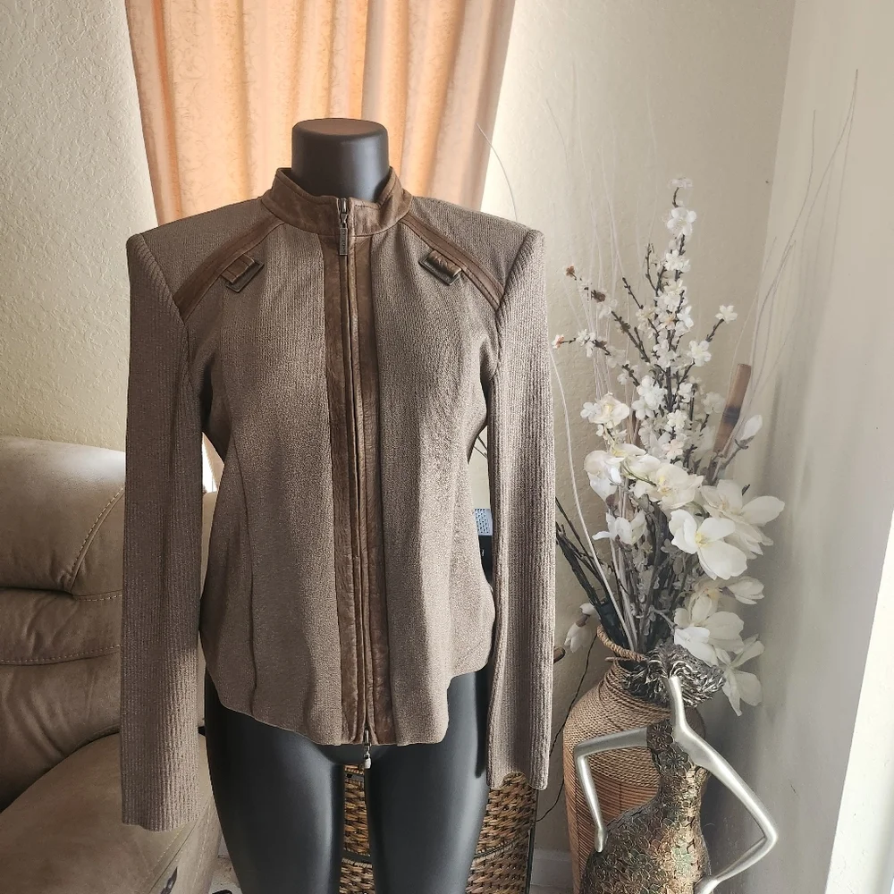 St. John Sport Brown Ribbed Leather Trim Zip Jacket size S